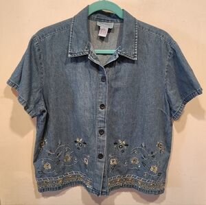 Jane Ashley Vintage Embroidered Denim Short Sleeve Button Down Shirt Sz L Casual